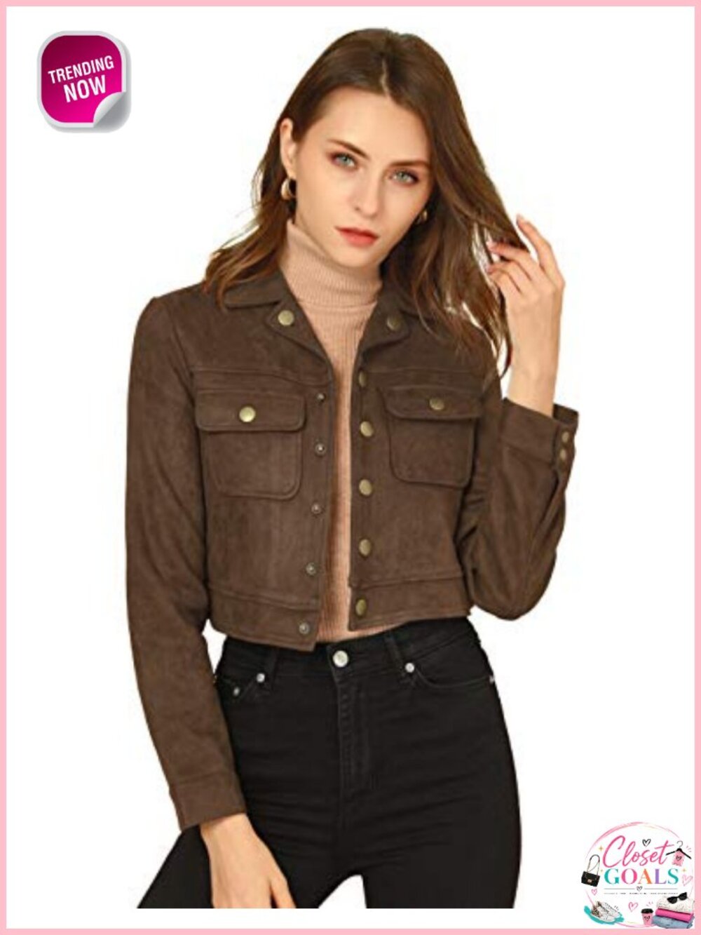 Faux Suede Cropped Jacket Button Up Snap Closure Flap Pockets Casual Outerwear